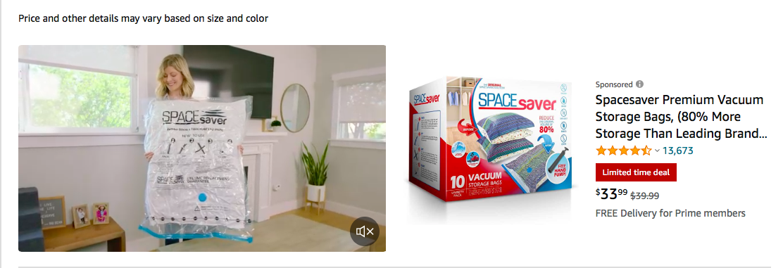 A video advertisement created by Space Saver rendering on the term 'vacuum bag' on Amazon